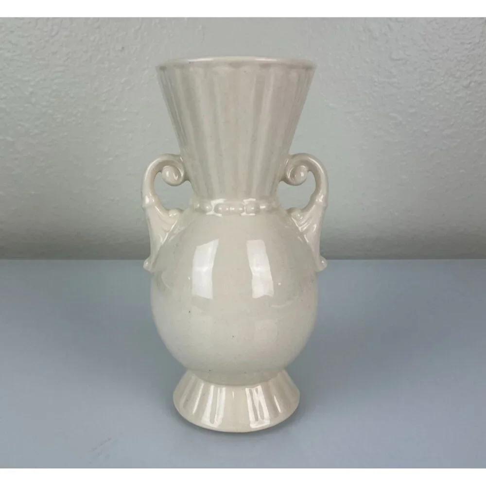 Vintage Royal Copley Beige Rose Floral Handled Vase, Mid-Century Pottery Ceramic
